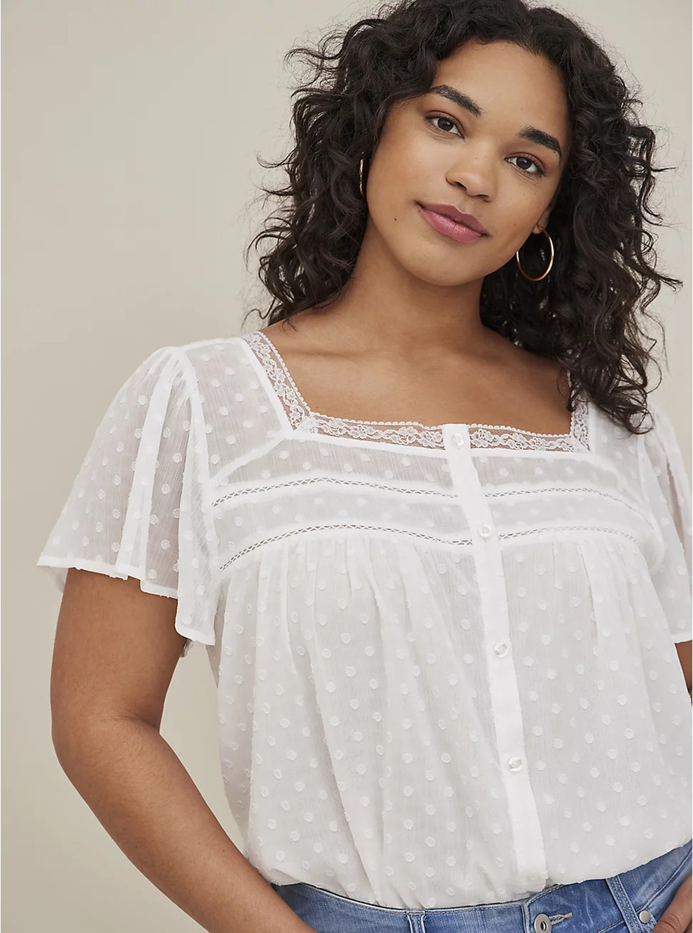 Torrid Chiffon Clip Dot Blouse Size 3 White Lace Trim Square Neck Flutter Sleeve